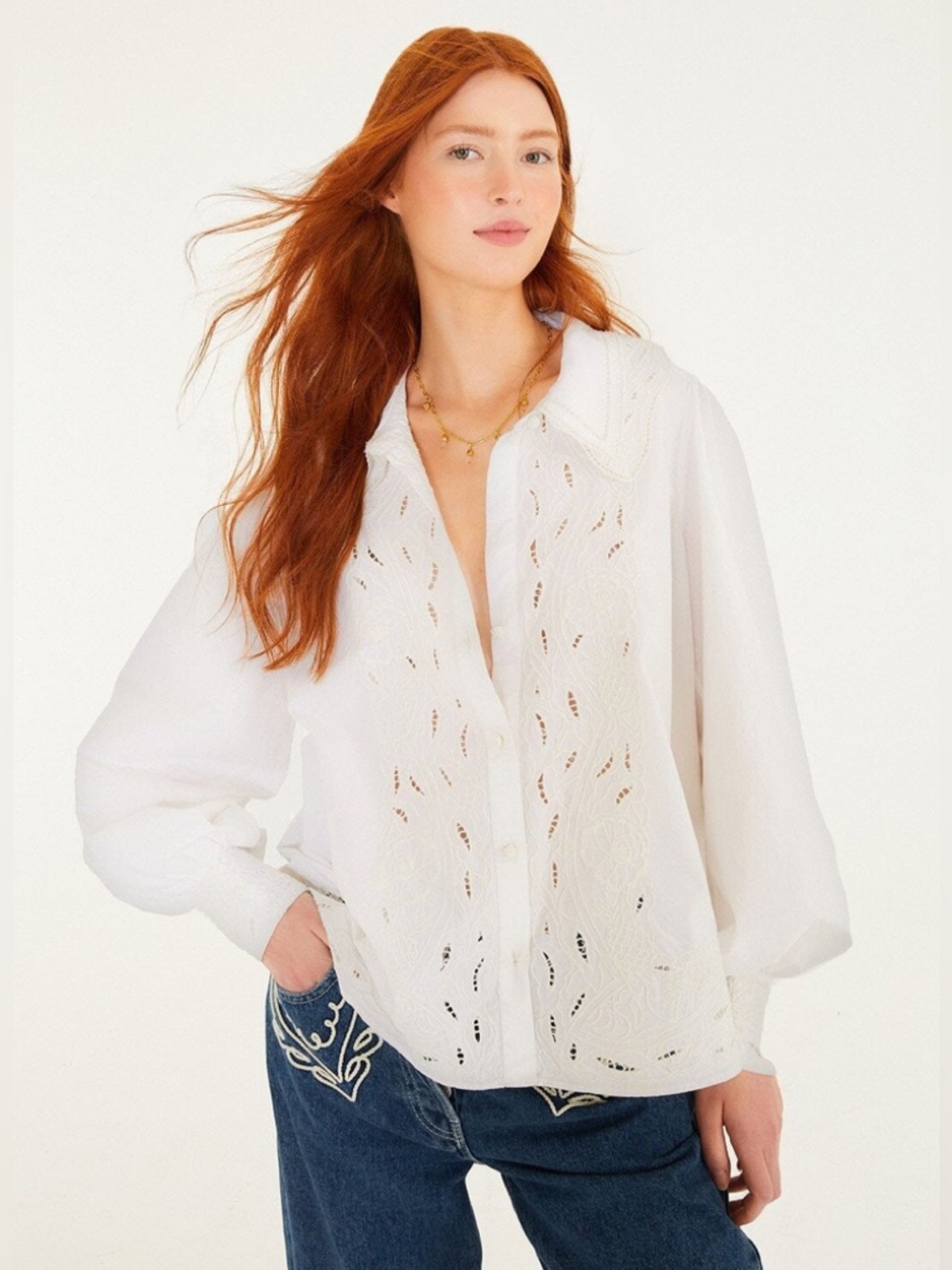 Farm Rio Off-White Embroidered Lace Buttoned Smocked Cuff Shirt - Picture 8 of 9
